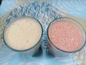 Smoothies you choose the ingredients. One is the classic banana peanut butter one and the other is strawberry melon both with soy milk. at Ananda in Tenerife