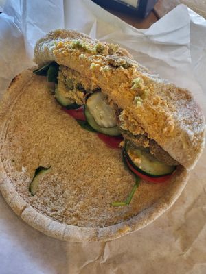 Falafel, hummus and veggies on wheat pita at Pita Fusion in Austin