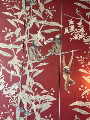 Bathroom wallpaper  at Wusong Road Tiki Bar in Cambridge