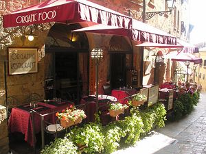 Outside Terrace of our Plant Based Restaurant Life Bistrot at Albergo Diffuso Volterra in Volterra