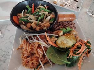 Lunch special with stir fry and brown rice at Araya's Place in Bellevue