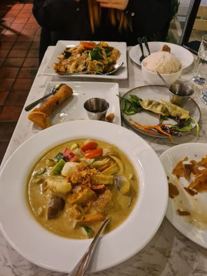Curry, Fried noodles, dumplings and tofu rolls   at Araya's Place in Bellevue