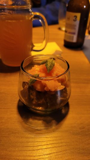 Vegan dessert: caramelized Eggplant with mandarin ice-cream. Tasty! at Lyara Restaurante in Manizales
