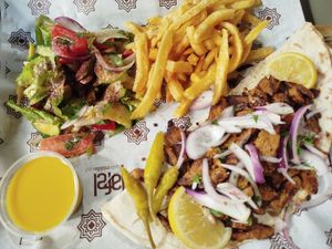 Vegan soya gyros meal at Falafel Taste - Agora Modiano in Thessaloniki