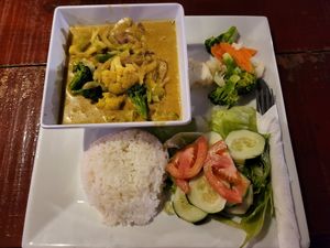 Veggie coconut curry with steamed vegetables and a garden salad at Swings Restaurant & Bar in San Pedro