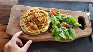 Raw pizza. Tasty (quite salty, if you like). at Vikasa Yoga Retreat and Restaurant in Koh Samui