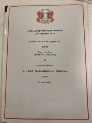 Menu  at Leyton Orient FC in East London
