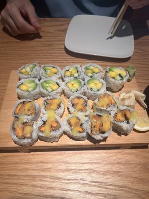 Mango cucumber avocado roll, sweet potato tempura roll  at Midori Sushi in Philadelphia