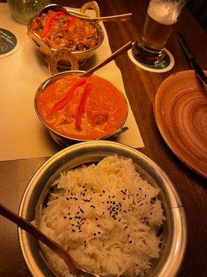 Mushrooms, tofu and basmati rice. Non alcoholic beer.  at Thamarai Restaurant in Heilbronn