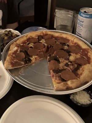 Vegan pepperoni pizza with veggies, brussel sprouts and we didn’t even get to the salad yet!  at Sky High Pie in Joshua Tree