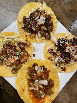 4 different vegan taco options  at V's Cellar in Juneau