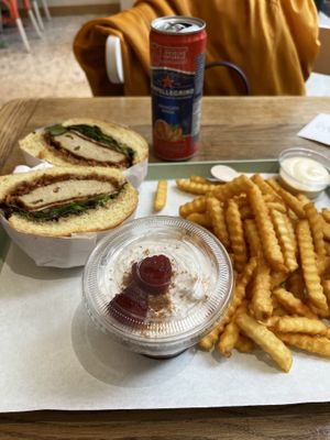 Chicken peanut butter delight, fries and strawberry tiramisu  at Vbb House in Paris