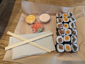 Mixed sushi with lovely sauces and spicy ginger + wasabi at Vbb House in Paris