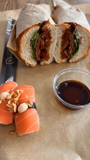 Salmon sushi & Hellenic sandwichh  at Vbb House in Paris