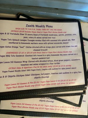 Example of weekly menu  at The Zenith in Pittsburgh