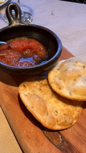 Salsa and cracker thinggies   at Chile Picante Restoran in Puerto Montt