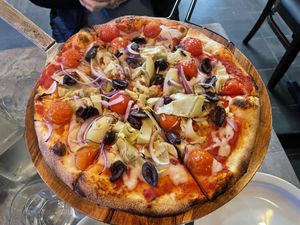 The Olympian (minus bell peppers) with Miyoko’s vegan cheese  at Stonework Pizza & Tap in Petaluma