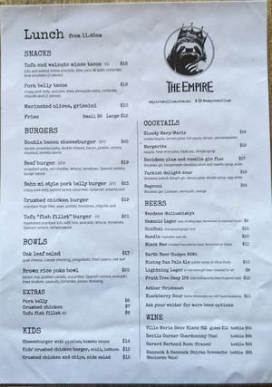 Lunch menu July 2024 at Empire Cafe in Mullumbimby