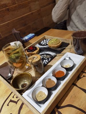 Hot chocolate, green tea and sweeties.  at Teaperugia in Perugia