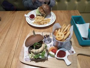 Burgers and fries. at PP 99 Cafe in Taipei