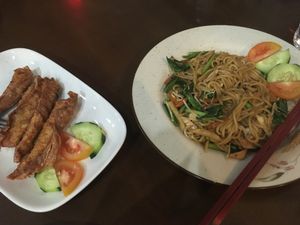Fried noodles with seafood and sardines. at I Love Vegetarian Food - De Ra Sa in Tuban