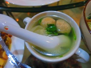 This soup came with the noodles and was 'pork' wontons with 'fish' balls at I Love Vegetarian Food - De Ra Sa in Tuban