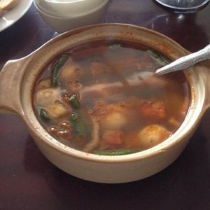 Tom Yum soup with mock-fish balls  at I Love Vegetarian Food - De Ra Sa in Tuban