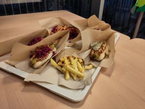 Plate with hotdogs and fries at IKEA in Lhospitalet De Llobregat
