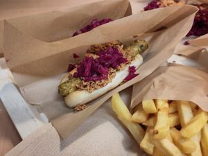 Green vegetable sausage with onion and red cabbage at IKEA in Lhospitalet De Llobregat