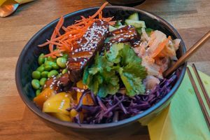 Tempeh poke bowl at Acai Poke in Prague