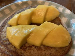 Wholewheat pancake with mango at Bonita Cafe and Social Club in Bangkok