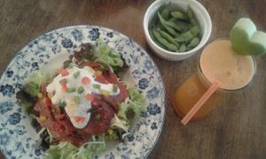 raw spaghetti and edamame at Bonita Cafe and Social Club in Bangkok