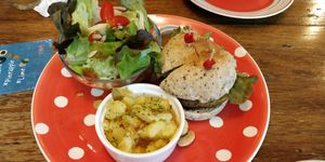 Teriyaki burger plate at Bonita Cafe and Social Club in Bangkok