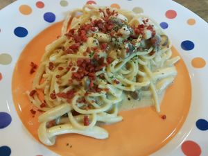 Carbonara. Vegan bacon separatrly given. Thumbs up at Bonita Cafe and Social Club in Bangkok