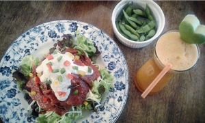 raw pasta with marinara sauce, edamame and carrot juice at Bonita Cafe and Social Club in Bangkok