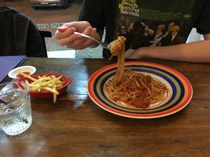 Wholewheat spaghetti with fries  at Bonita Cafe and Social Club in Bangkok