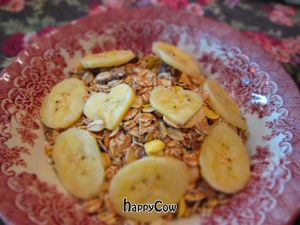 Breakfast muesli -- bananas cut in hearts, aww! at Bonita Cafe and Social Club in Bangkok