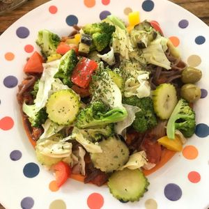 Gluten free rice spaghetti with tomato sauce and stir fried veggie  at Bonita Cafe and Social Club in Bangkok