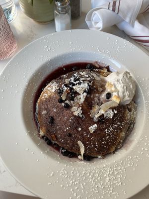 Wildberry Pancakes - made with rice flour, topped with coconut whipped cream, and almond-free!  at Flora Jeans in Little Rock