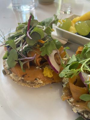Vegan salmon/carrot lox with cashew cream cheese   at Flora Jeans in Little Rock