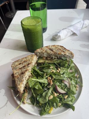 Green smoothie and mushroom sandwichh  at Flora Jeans in Little Rock