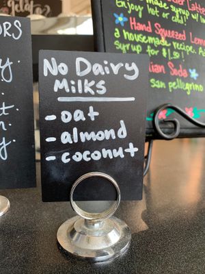 Non dairy milk options listed  at Bella Gelato & Pastries in Harrisonburg