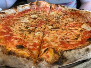 Mariana pizza and beer special with vegan cheez substitute  at Bella Luna in Harrisonburg