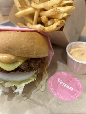 Vegan burger, fries and vegan fry dip  at Burger Crush in Vancouver