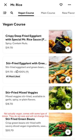 NOT VEGAN AND THEY HAVE NO INTENTION OF TAKING IT OFF THIS SECTION OF THE MENU. Disgusting behaviour.   at Mr Rice in Cooks Hill