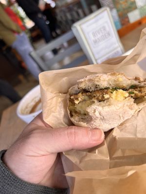 Vegan sandwich just egg bread plant sausage   at River Maiden in Vancouver