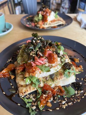Veganised version of halloumi flatbread. Avocado or mushrooms instead of halloumi- specify  at Bridewell Coffee in Donaghadee
