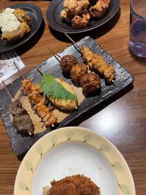Vegan fried 'oysters', vegan 'yakitori', vege fried 'chicken', fried 'minced meat'  at Aju in Osaka