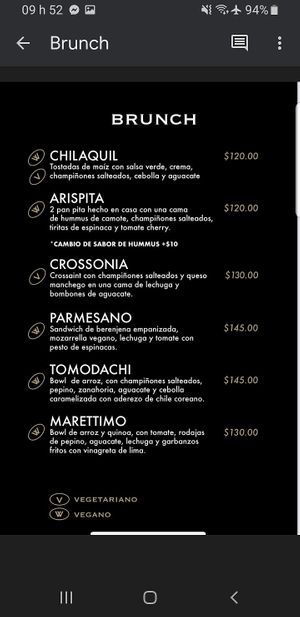 W= vegan, V= végé at Arista Barista Cafe in Merida