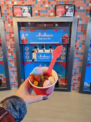 Vegan froyo with toppings; vegan fudge, vegan marshmallows, Bubs, biscoff crumb, strawberries at Myfroyoland in Camberley